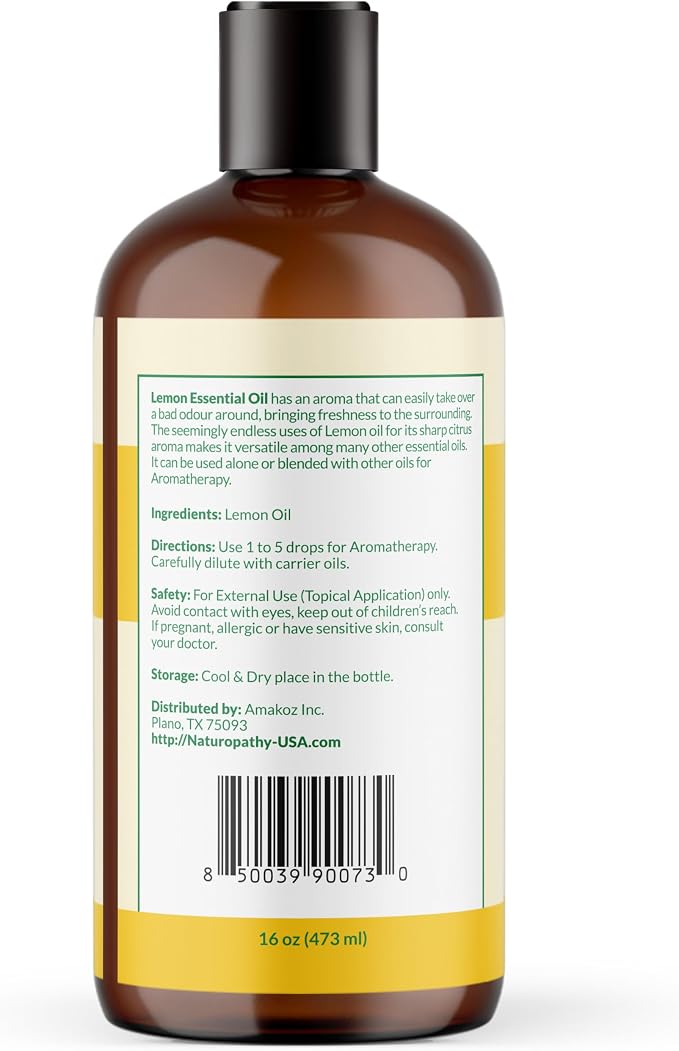 Naturopathy Lemon Essential Oil, 100% Natural Therapeutic Grade, Premium Quality Lemon Oil, 16 fl. Oz - Perfect for Aromatherapy and Relaxation