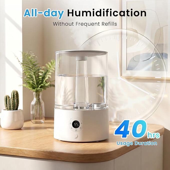 COWSAR Humidifier for Bedroom, 4L Top Fill Humidifier for Large Rooms, Easy Refill & Cleaning, Quiet 22dB, Baby Humidifier, Humidity Display, Up to 40H Runtime, Nightlight, Auto Shut-Off, White