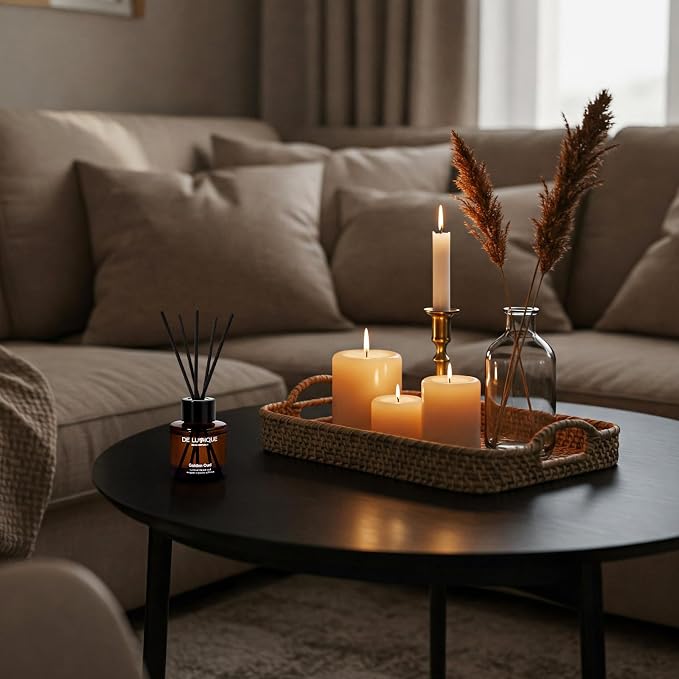 Golden Oud Scent Reed Diffuser – Room Scent Diffuser with Essential Oils – Home Fragrance Diffuser – Long-Lasting Aroma with Oud, Vanilla & Damask Rose Oil Diffuser – 50ml
