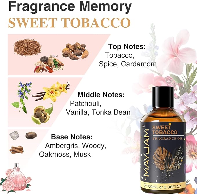 MAYJAM 100ML/3.38FL.OZ Sweet Tobacco Fragrance Oils with Glass Dropper, Essential Oils for Diffusers for Home, Long Lasting Scented Oils for Diffusers Soap Candle Making