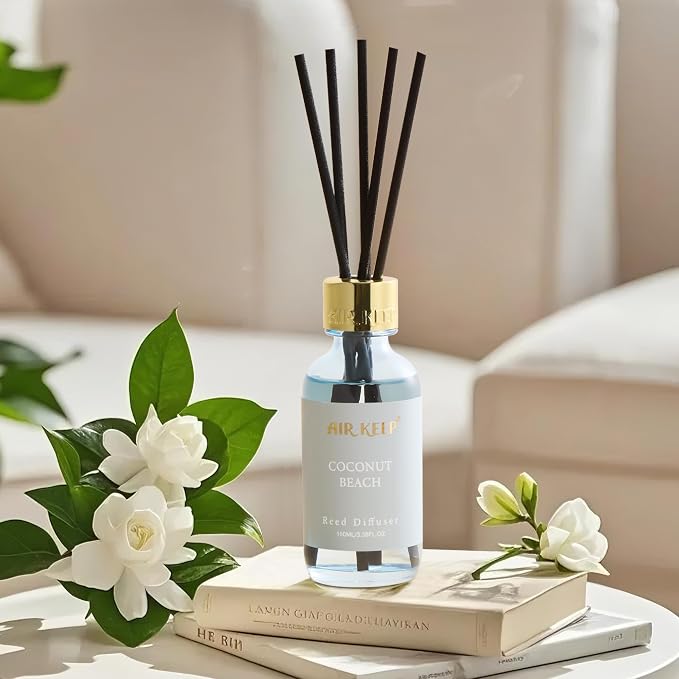 Airkeep Reed Diffuser Set, 3.38 fl oz (100 ml) - Coconut Beach Oil Diffusers with 8 Reed Sticks, Home Fragrance Reed Diffuser for Bathroom Shelf Decor