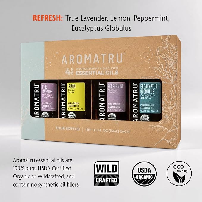 AromaTru Refresh Essential Oil Kit – True Lavender, Lemon, Peppermint & Eucalyptus Globulus – Organic & Wildcrafted – ISO Certified – No Synthetic Fillers – Ethically Sourced