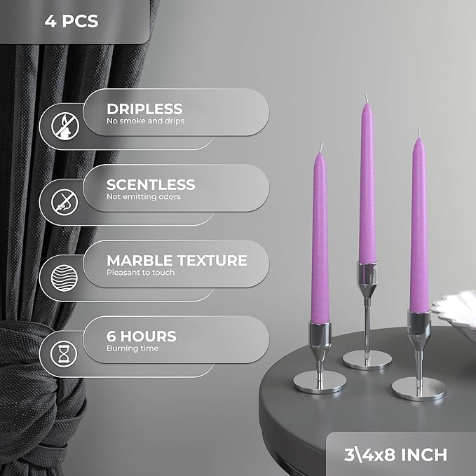 CANDWAX 8 inch Taper Lilac Candles Pack of 4 - Unscented Smokeless Dripless Tall Candlesticks - Perfect for Special Occasions, Ordinary Dinners, for Mother's Day - Lavender Candle Sticks