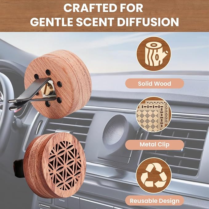 2PCS Car Essential Oil Diffuser: Natural Rosewood Vent Clip Freshener, Volcanic Stone Slow Release Aroma Diffuser for Auto Home Office Bedroom Indoor Use