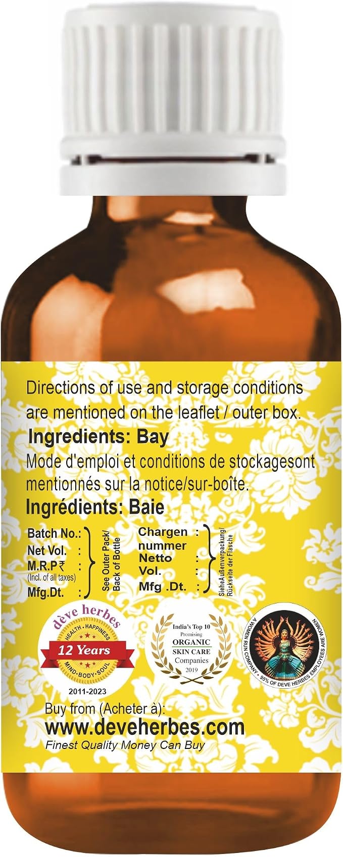 dève herbes Bay Essential Oil (Pimenta racemosa) Pure | Non-Sticky | Non-Greasy | Lightweight | Men & Women | All Skin Types | Steam Distilled 30ml (1 oz)