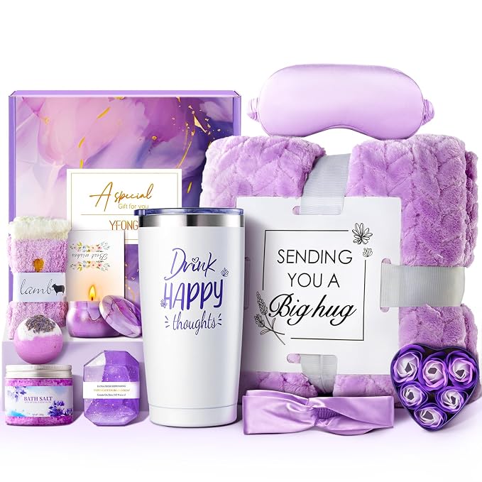 YFONG Birthday and Get Well Gifts for Women - Relaxing Spa Care Package With Luxury Flannel Blanket, Thinking of You Purple Relaxing Gift Set, Unique Self Care Gift Basket for Mom, Wife, Friends