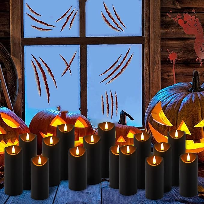 YOROXRG 12 Pack Halloween Decoration Flickering Flameless Candles, Battery Operated LED Pillar Candles with Remote Control and Timer.for Home Decor (D2.2 xH 5" 6" 7" Black)