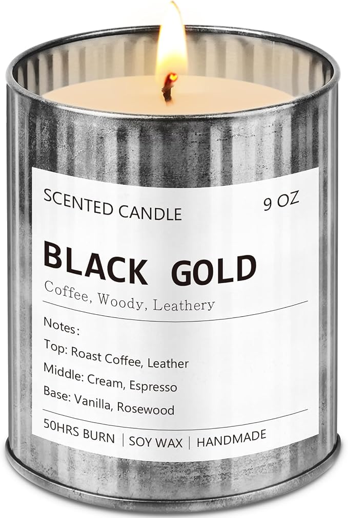 Scented Candle for Men - Man Cave Gifts Coffee Leather Woody Scent | 50Hr Burn Soy Wax Candle in Metal Tin (9oz) - Masculine Home Decor, Birthday Gift for Him