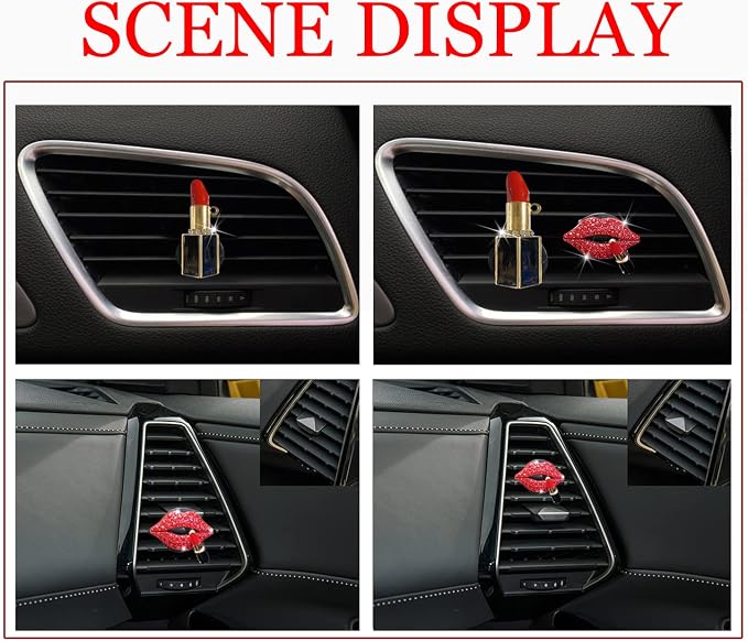 Car Air Vent Clips Red Lips, Rhinestone Lipstick Charms for Auto Diffuser Vent, Bling Diamond Decorations for Air Conditioning Outlet, Universal Vehicle Interior Accessories for Women Girls
