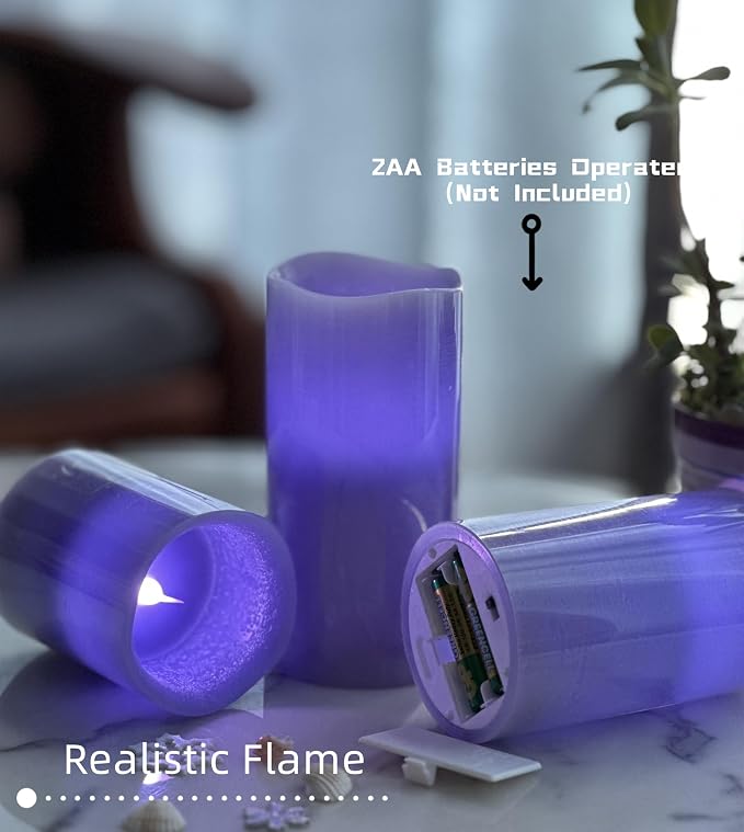 Adoria Purple Flameless Candles Set 3- Real Wax Pillar Candles Battery for Color Changing/Flickering/Night Light/Timer-Lavender Scented -Dia3 xH4/5/6“,Home Decor.Camping,Party