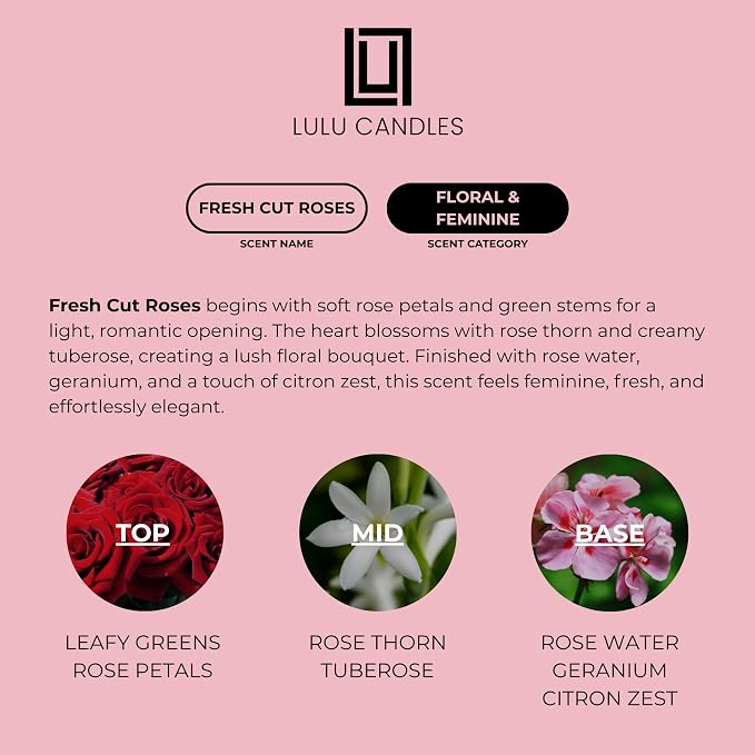 Lulu Candles | Fresh Cut Roses | Smells Floral & Musky | Luxury Scented Soy Jar Candle | Hand Poured in The USA | Highly Scented Long Lasting (9 Oz.)