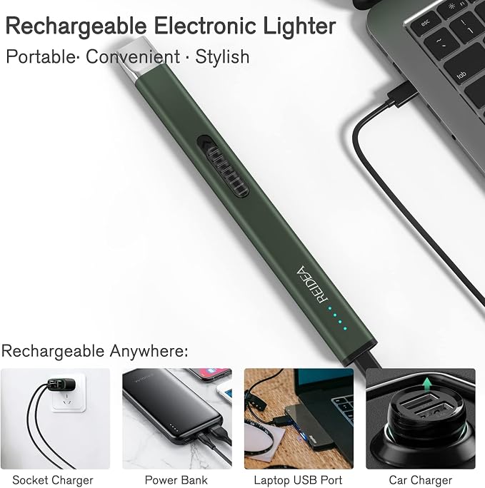 REIDEA Lighter R1 Electronic Candle Lighter, Windproof Flameless USB Rechargeable Flat Arc with Safe Button and Power Indicator for Candle, BBQ and Fireworks, Pine Green