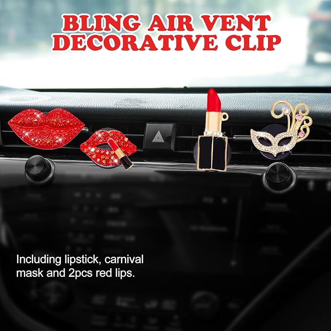 Rislobx 4PCS Bling Car Air Freshener Vent Clip, Crystal Diamond Lips Lipstick Carnival Mask Car Diffuser Vent Clip Cute Car Bling Accessories Decoration for women (Red)