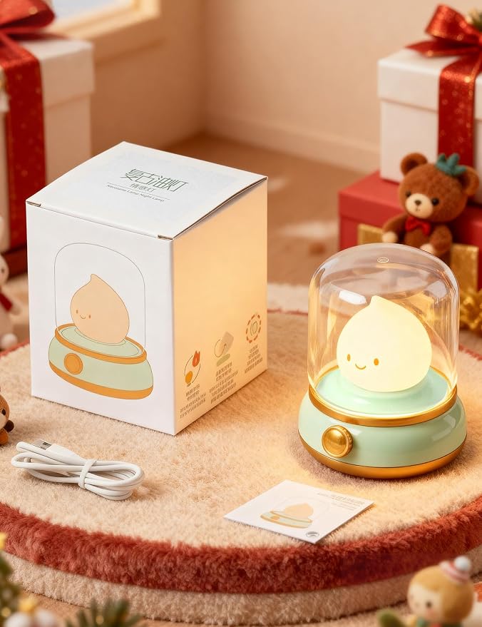 Smiley Night Light, Rechargeable Bedside Lamp with Timer & Dimmable Candle Flame, Portable LED Light for Baby Nursery, Bedroom, Camping - Cute Desk Decor & Gift
