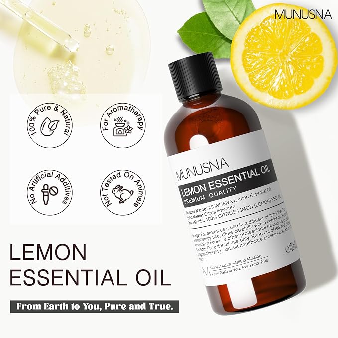 Lemon Essential Oil 100ML, 100% Pure Natural Lemon Oils Premium Grade Aromatherapy Oil for Hair Skin Body Care, Diffuser, Massage, Home, Soap and Candle Making