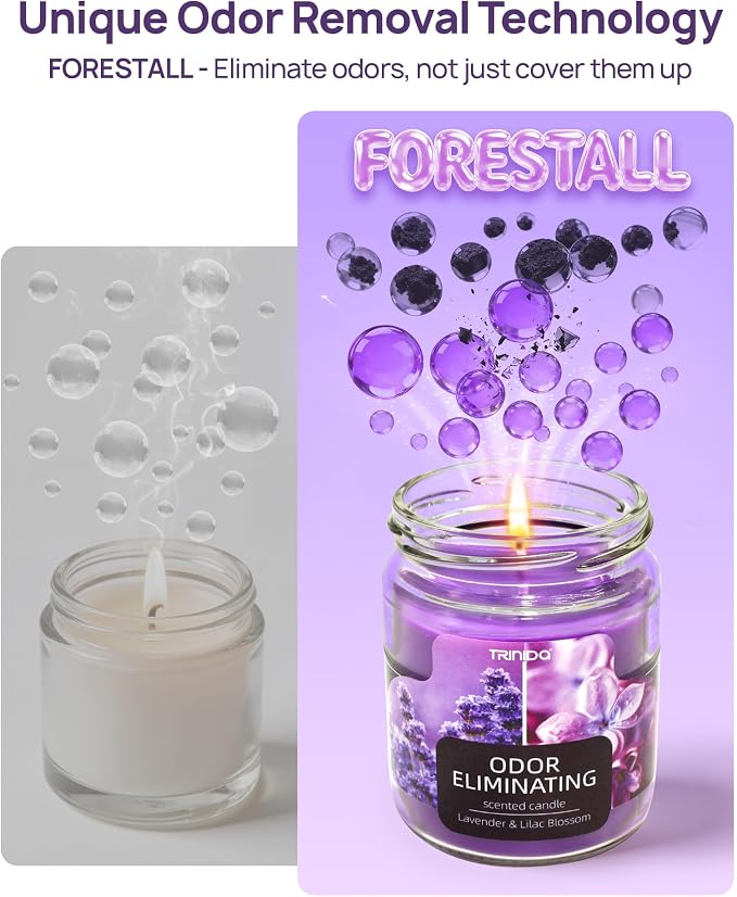 Lavender & Lilac Blossom Odor Eliminating Candles for Home Scented, Eliminates 99% of Pet, Smoke, Food and Other Smells Quickly, Highly Fragranced Candle, Premium Soy Candles Set for Women