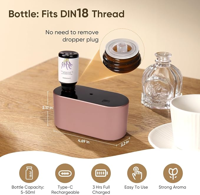 Waterless Diffuser for Home Essential Oil Diffuser, Aromatherapy Diffuser, Portable Scent Diffusers, 3 Mist Modes, Cycle Start for Bedroom, Office Studio 350-700 sq. ft Rose Gold