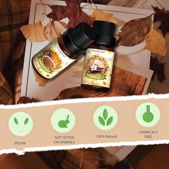 WUSEONY Fall Essential Oil for Diffusers, Autumn Fragrance Oil Set, Aromatherapy Oils Gift Set for Candle Soap Making - Apple Cider, Nutmeg, Snickerdoodle, Vanilla, Forest Pine, Pumpkin Spice, 6x10ml