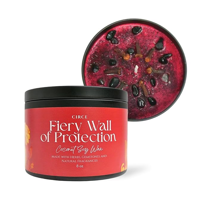 Circe Spell Candle “Fiery Wall of Protection” Coconut Soy Wax Candle Jar– Premium Hand Poured & Long Burning– Herbs, Crystal & Natural Fragrance Oils- Repel Negativity & Shield Aura - Gift - 8oz