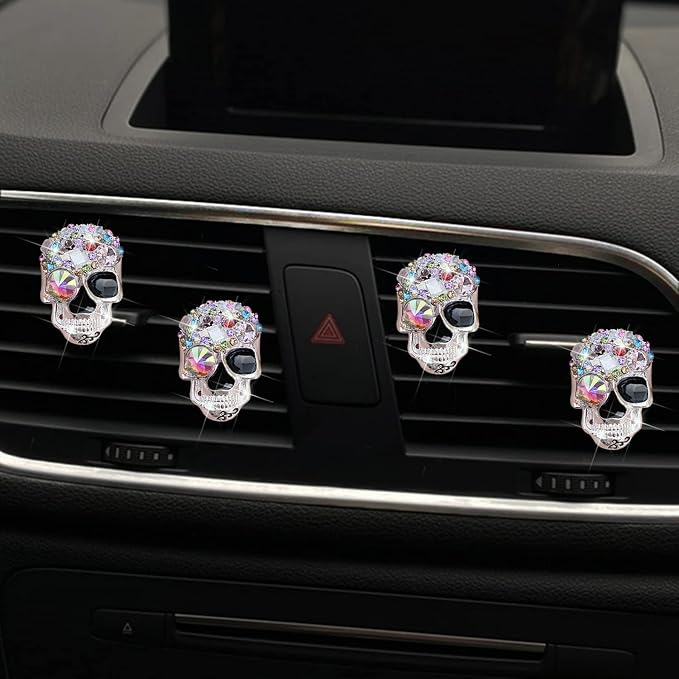 Bling Skull Air Vent Clips, 4 Pcs Crystal Skull Car Air Fresheners Vent Clips Car Diffuser Vent Clip Rhinestone Diamond Decoration Cute Interior Decor Bling Accessories for Women