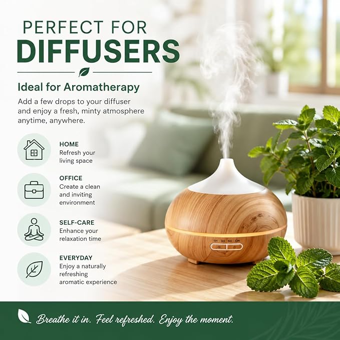 GreenHealth Peppermint Essential Oil – 2 Pack (16 fl oz Each) – 100% Pure & Uncut – Strong Menthol Scent – Aluminum Bottles for Diffusers, Cleaning, DIY Use