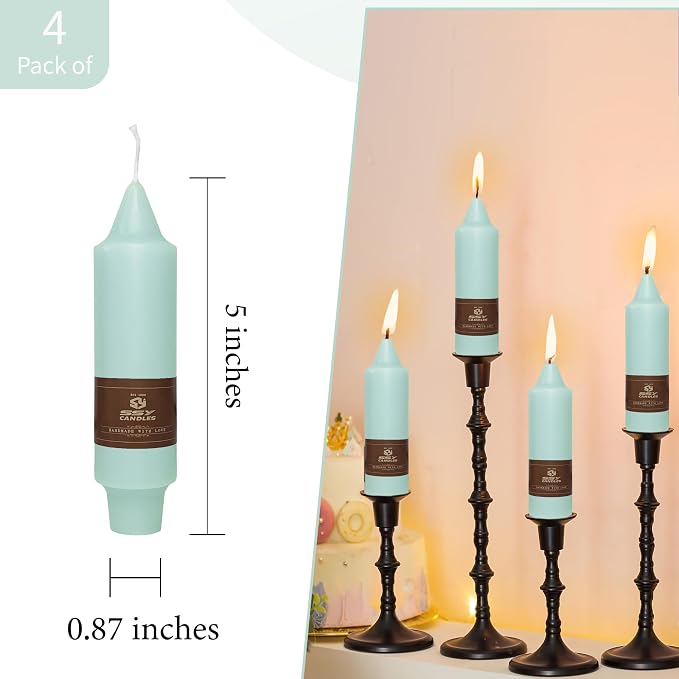 5 Inch Short Chunky Mint Green Taper Candles Hand Poured Smokeless Unscented Thick Taper Candles Set of 4 for Wedding Nautical Housewarming Gift Dinner Cozy Hygge