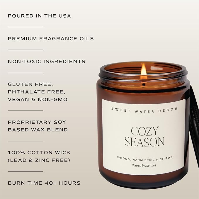 Sweet Water Decor Cozy Season Soy Candles - Fall Candles with Woods, Warm Spice, and Citrus Scent for Home Decor - Soy Candle with 40 Hours Burn Time - 9Oz Black Lid Amber Jar Candles Fall Scents