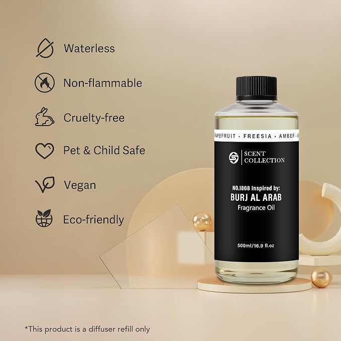 Dubai Luxury Scent Diffuser Oil 200ml – Hotel Style Fragrance Oil for Home, Large Room – Long Lasting Aroma Oil for Ultrasonic & Waterless Diffusers – Grapefruit, Freesia, Amber