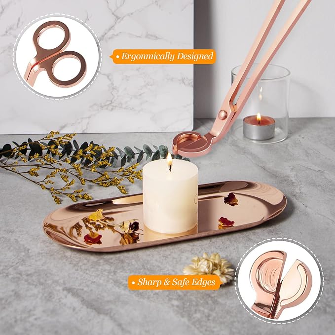 5Pcs Accessory Set with Rechargeable Electric Lighter, Storage Tray, Wick Trimmer, Snuffer, Dipper, Stainless Steel Care Kit Gift Package for Candle Lover Rose Gold