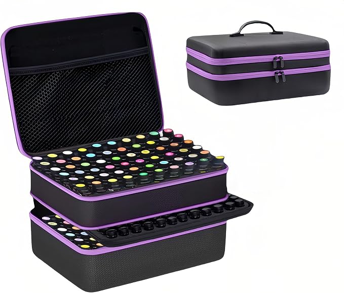204 Slots Essential Oil Organizer Case, Hard Shell Storage Box for 1ml-15ml Bottles, Extra Large Double Layer Portable Travel Bag for Aromatherapy Vials & Peptides, Black with Purple