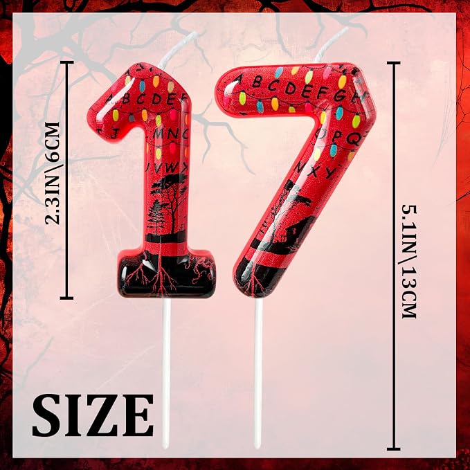 Red Number 17 Birthday Candle for Cake – Dark Horror Style with Alphabet Print & Shadow Design – Unique Cake Topper for Birthday, Anniversary, Themed Party Decoration