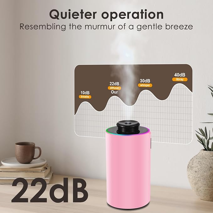 Waterless Essential Oil Diffuser with 8 Color LED Night Light, 3 Mist Levels & Timers, Portable Rechargeable Aromatherapy Diffuser for Home Car Room Studio Office, Metal (Pink)