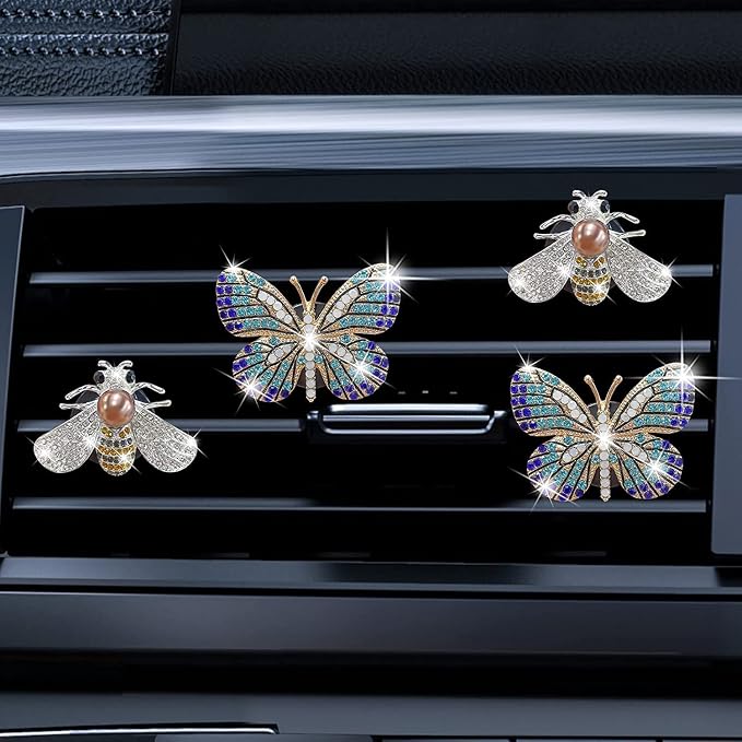 Bling Butterfly Air Vent Clips, 4 Pcs Crystal Bee Car Fresheners, Diffuser Vent Clip, Diamond Decoration, Cute Interior Decor, Bling Accessories for Women