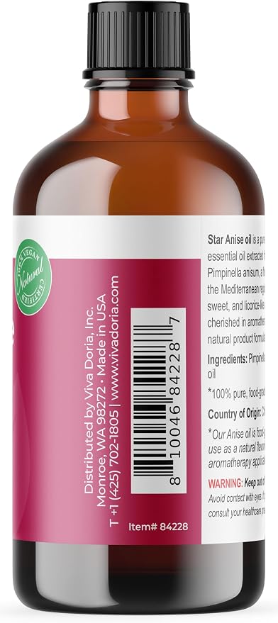 Viva Doria Anise Essential Oil, 100% Pure, Natural, Anise Essential Oil, Undiluted, for Aromatherapy | Food Grade, 118 mL (4 Fluid Ounce)