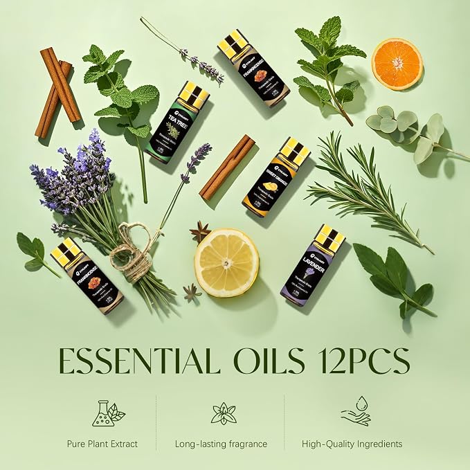 Essential Oils Set, 12 pcs Pure Essential Oil for Diffuser, Humidifiers, Skin Care, Massage, Fragrance Oil Scent for DIY Candle and Soap Making, Gift for Friend