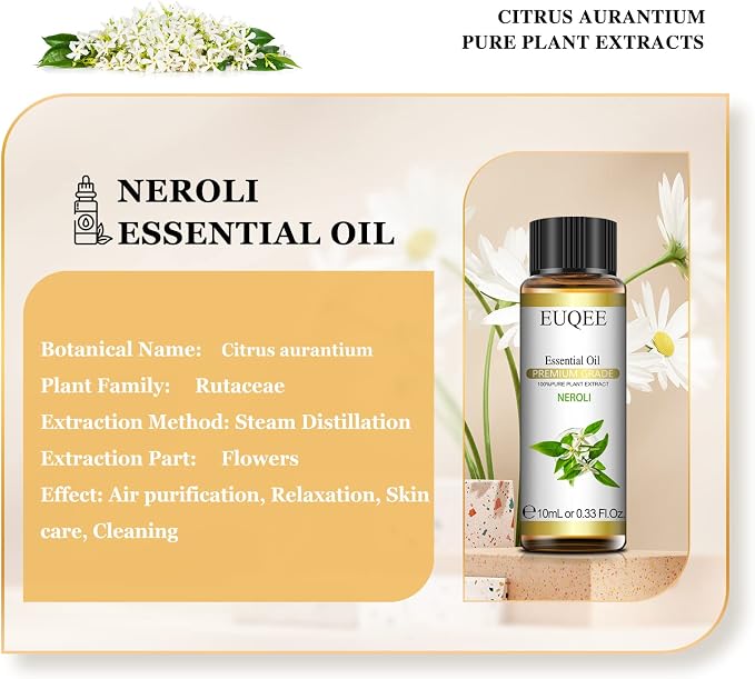 EUQEE Neroli Essential Oil 10 ml Pure Essential Oil with Glass Dropper for Diffusers, Aromatherapy, Candle & Soap Making - 0.33 Fl oz