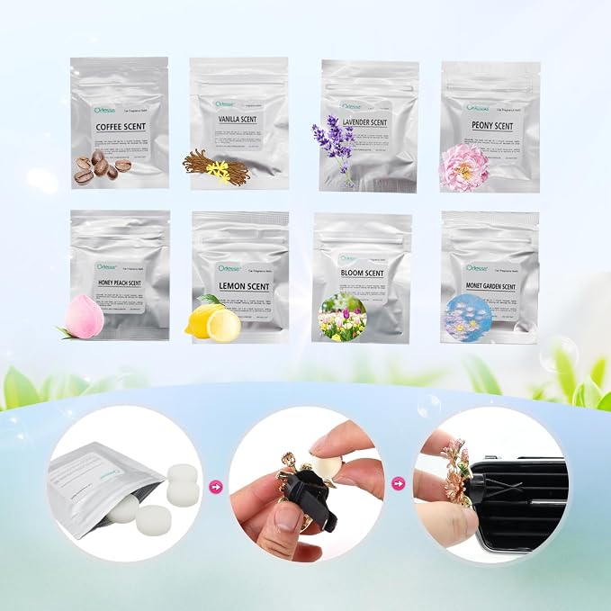 ORIESSE 32pcs Honey Peach Car Air Freshener Refill Fragrance Tablets,8 Pack Peach Car Scents Pads for Air Freshener Vent Clips,1.7cm/0.7inches Diameters Aromatherapy Pads