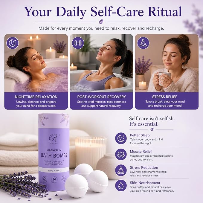 Magnesium Lavender Bath Bombs Gift Set – XL Epsom Salt Bath Bombs for Muscle Recovery, Stress Relief & Post-Workout Relaxation with Melatonin & Arnica Spa Gift for Women & Men Melatonin (Lavender)