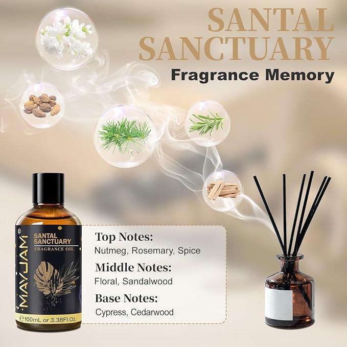 Santal Sanctuary Fragrance Oil Essential Oil, MAYJAM 3.38FL.OZ Santal Sanctuary Oil for Diffusers for Home, Long Lasting Scented Oils for Soap Candle Making - 100ML