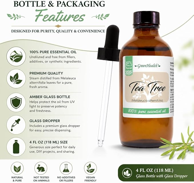Tea Tree Essential Oil – 4 fl oz (Pack of 2) – 100% Pure & Undiluted – Amber Glass Bottles with Glass Droppers – Natural Cleaning, Diffuser, DIY Use – GreenHealth