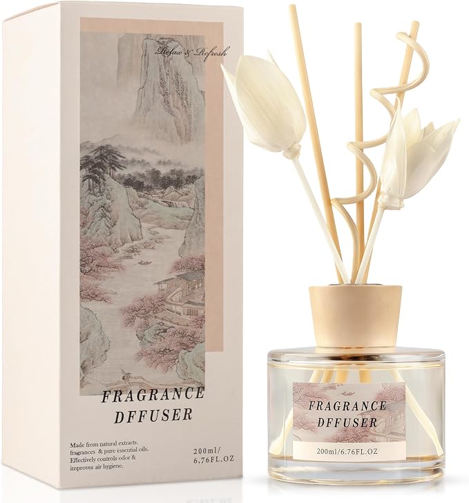 6.7 fl oz Reed Diffuser Set, Blooming Hills with Blush Petals Scent, Essential Oil Diffuser with Reed Sticks, Air Freshener for Home Fragrance, Bathroom Decor, Bedroom, Office Shelf Décor
