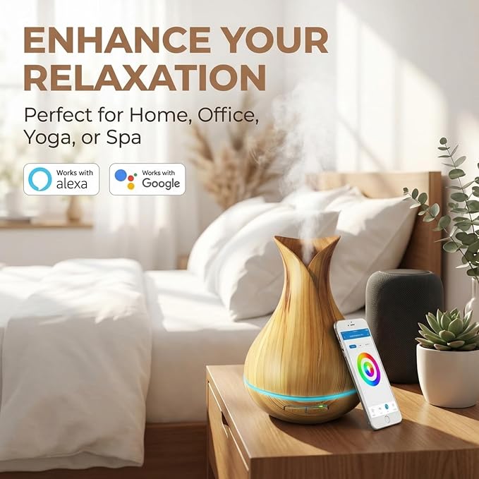 Sierra Modern Home Smart WiFi Humidifier - Aromatherapy Essential Oil Diffusers with App Control & Voice Control - Works with Alexa & Google Home - 400ml Ultrasonic Diffuser & Humidifier - Light Brown