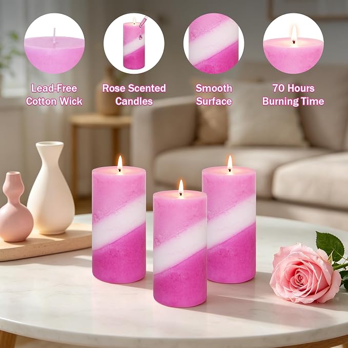 Crystal Club Rose Scented Pillar Candles 3x6 Inch, 70+ Hours Long Burning Pink Pillar Candle, Smokeless 100% Cotton Wick Handmade Scented Pillar Candles for Home Decor Wedding Aromatherapy