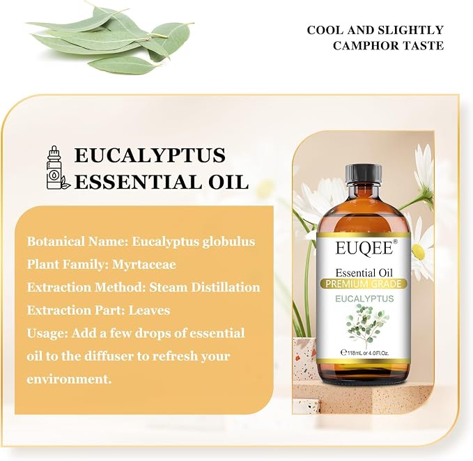 EUQEE Eucalyptus Essential Oil 118ml Pure Eucalyptus Oil with Glass Dropper for Aromatherapy, Diffuser, Soap & Candle Making - 4Fl.Oz