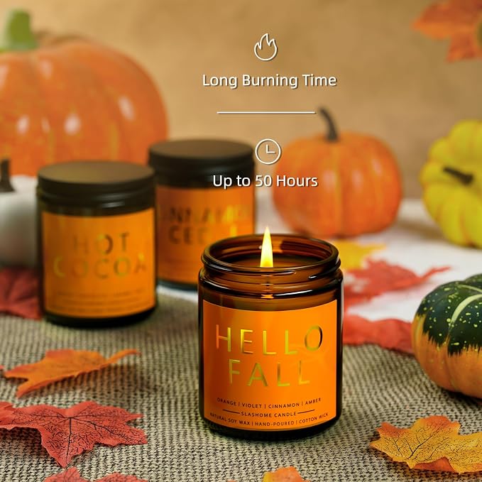 Fall Scented Candles Hello Fall 7oz – Warm Pumpkin Spice & Sweet Apple Soy Wax Candle for Cozy Autumn Home Décor, Perfect Fall Gift, 50 Hour Long Burn