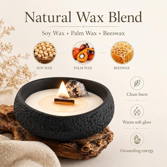 DEEP FLOW Luxury Crystal Ritual Candle - Inner Light with Black & White Moonstone, Clean Herbal Woody Scented Soy Wax for Meditation & Spiritual Clarity (Soul Awakening)