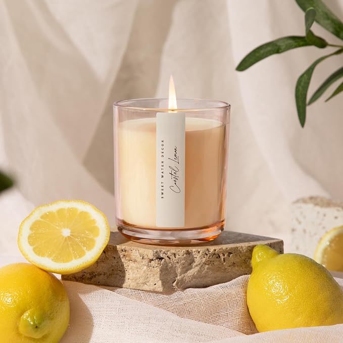 Sweet Water Decor Coastal Lemon Scented Candles – Soy Candles with Lemon, Sea Salt, Jasmine & Driftwood – Summer Cozy Aroma – 50 Hour Burn – 12oz Tinted Glass Jar for Home Decor and Bedroom Décor