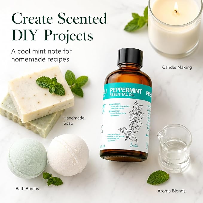 Peppermint Essential Oil 3.38 fl oz, Mint Essential Oil with Dropper for Diffuser, Hair Care, Skin Care, Massage, Cleaning, Candle Making and Soap Making