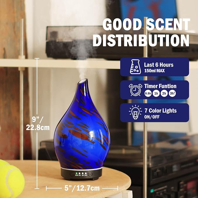 Porseme 150ml Essential Oil Diffuser Hand-Blown Glass Aroma Diffusor, Aromatherapy Unltrasonic Cool Mist deffuser, 7 Color Changing, Waterless Shut-Off, Timer Function for Home Office(Cobalt Blue)