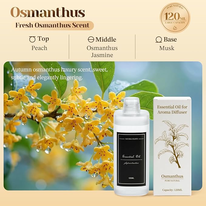 4.06 fl oz (120ml) Diffuser Oil for Home Fragrance Diffusers (M60), Plant-Based & Alcohol-Free, Hotel Scent Essential Oil for Bedroom, Bathroom, Office, Car, Office (Osmanthus)